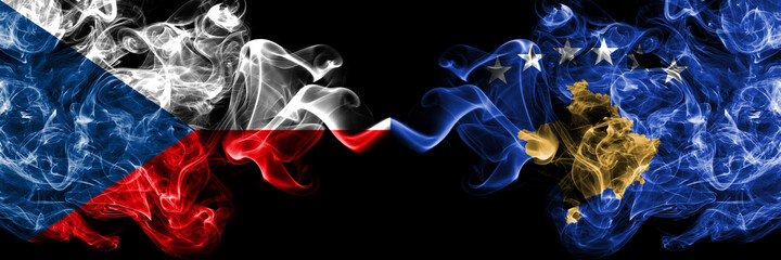 Czech Republic, Czech vs Kosovo, Kosovar smoky mystic flags placed side by side. Thick colored silky abstract smoke flags.