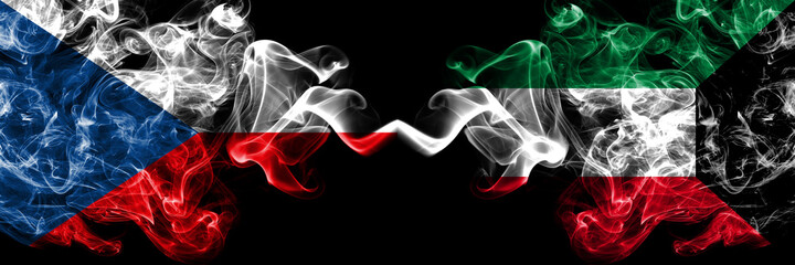 Czech Republic, Czech vs Kuwait, Kuwaiti smoky mystic flags placed side by side. Thick colored silky abstract smoke flags.
