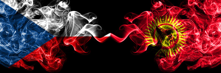 Czech Republic, Czech vs Kyrgyzstan smoky mystic flags placed side by side. Thick colored silky abstract smoke flags.