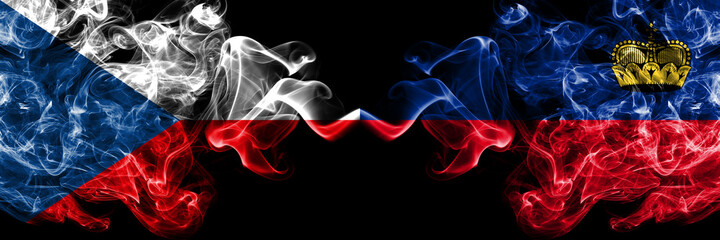 Czech Republic, Czech vs Liechtenstein smoky mystic flags placed side by side. Thick colored silky abstract smoke flags.