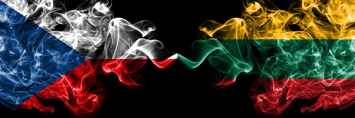 Czech Republic, Czech vs Lithuania, Lithuanian smoky mystic flags placed side by side. Thick colored silky abstract smoke flags.