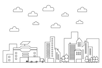 Line art vector Illustration of a modern big city background with skyscrapers. Flat design style. Vector illustration on a white background.