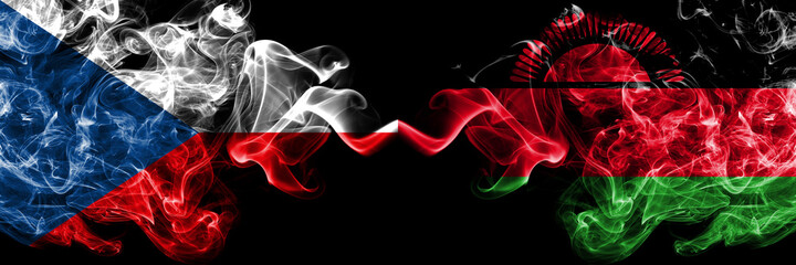Czech Republic, Czech vs Malawi smoky mystic flags placed side by side. Thick colored silky abstract smoke flags.