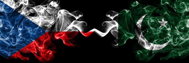 Czech Republic, Czech vs Pakistan, Pakistani smoky mystic flags placed side by side. Thick colored silky abstract smoke flags.