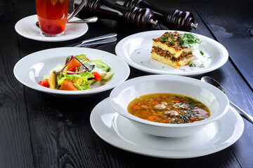 Three-course set menu for a nutritious healthy lunch in a restaurant, Three course set on table in business lunch, food set lunch