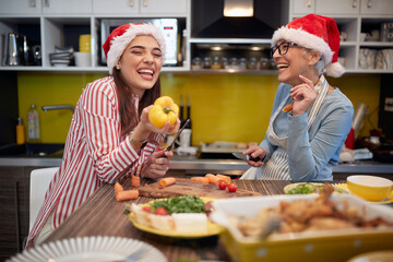 Mother and daughter laughing while preparing a Xmas meal in the kitchen. Christmas, family, together