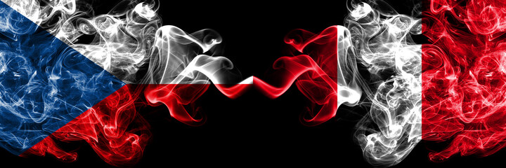 Czech Republic, Czech vs Peru, Peruvian smoky mystic flags placed side by side. Thick colored silky abstract smoke flags.