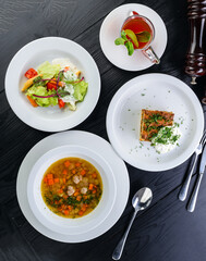 Three-course set menu for a nutritious healthy lunch in a restaurant, Three course set on table in business lunch, food set lunch
