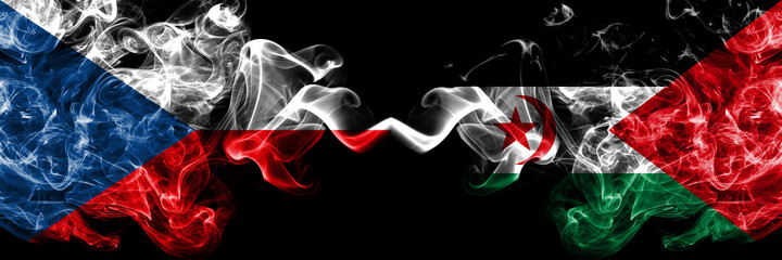 Czech Republic, Czech vs Sahrawi smoky mystic flags placed side by side. Thick colored silky abstract smoke flags.