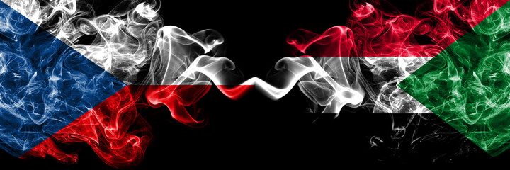 Czech Republic, Czech vs Sudan smoky mystic flags placed side by side. Thick colored silky abstract smoke flags.