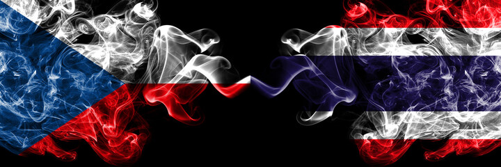 Czech Republic, Czech vs Thailand, Thai smoky mystic flags placed side by side. Thick colored silky abstract smoke flags.