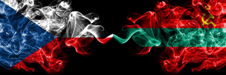 Czech Republic, Czech vs Transnistria smoky mystic flags placed side by side. Thick colored silky abstract smoke flags.