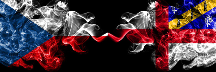 Czech Republic, Czech vs United Kingdom, Great Britain, British, Herm  smoky mystic flags placed side by side. Thick colored silky abstract smoke flags.