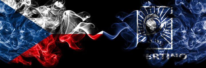 Czech Republic, Czech vs United States of America, America, US, USA, American, Cupertino, California smoky mystic flags placed side by side. Thick colored silky abstract smoke flags.