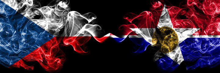 Czech Republic, Czech vs United States of America, America, US, USA, American, Dallas, Illinois smoky mystic flags placed side by side. Thick colored silky abstract smoke flags.