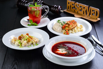 Three-course set menu for a nutritious healthy lunch in a restaurant, Three course set on table in business lunch, food set lunch