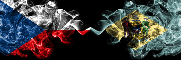 Czech Republic, Czech vs United States of America, America, US, USA, American, Delaware smoky mystic flags placed side by side. Thick colored silky abstract smoke flags.