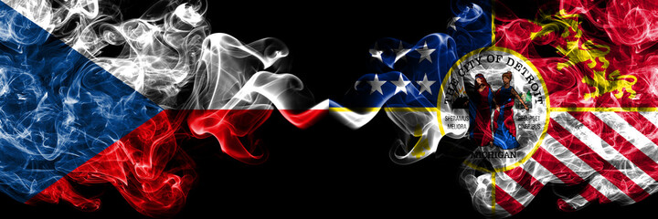 Czech Republic, Czech vs United States of America, America, US, USA, American, Detroit, Michigan smoky mystic flags placed side by side. Thick colored silky abstract smoke flags.