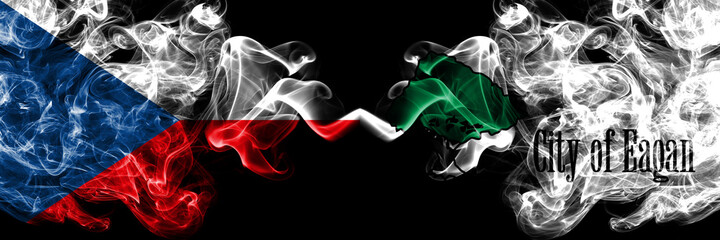 Czech Republic, Czech vs United States of America, America, US, USA, American, Eagan, Minnesota smoky mystic flags placed side by side. Thick colored silky abstract smoke flags.