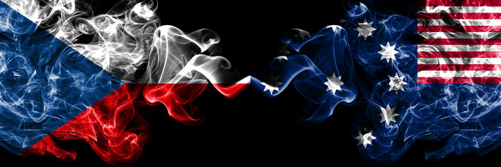 Czech Republic, Czech vs United States of America, America, US, USA, American, Easton, Pennsylvania smoky mystic flags placed side by side. Thick colored silky abstract smoke flags.
