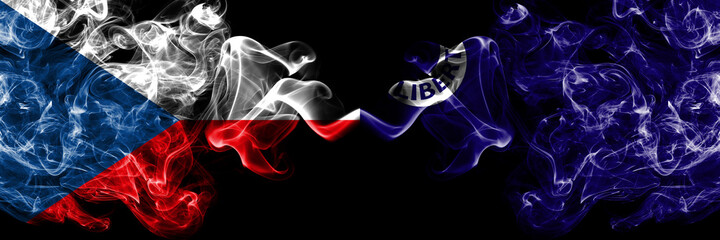 Czech Republic, Czech vs United States of America, America, US, USA, American, Fort Moultrie, South Carolina smoky mystic flags placed side by side. Thick colored silky abstract smoke flags.