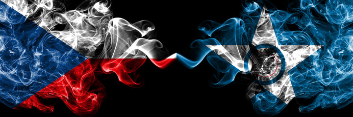 Czech Republic, Czech vs United States of America, America, US, USA, American, Houston, Texas smoky mystic flags placed side by side. Thick colored silky abstract smoke flags.