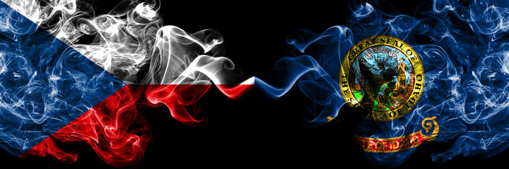 Czech Republic, Czech vs United States of America, America, US, USA, American, Idaho smoky mystic flags placed side by side. Thick colored silky abstract smoke flags.