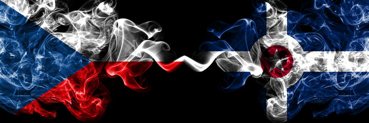 Czech Republic, Czech vs United States of America, America, US, USA, American, Indianapolis, Indiana smoky mystic flags placed side by side. Thick colored silky abstract smoke flags.