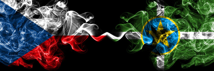 Czech Republic, Czech vs United States of America, America, US, USA, American, Jackson, Mississippi smoky mystic flags placed side by side. Thick colored silky abstract smoke flags.