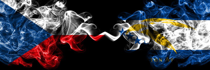 Czech Republic, Czech vs United States of America, America, US, USA, American, Johnston Atoll smoky mystic flags placed side by side. Thick colored silky abstract smoke flags.