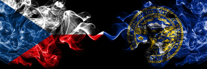 Czech Republic, Czech vs United States of America, America, US, USA, American, Nebraska smoky mystic flags placed side by side. Thick colored silky abstract smoke flags.