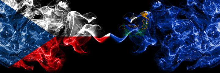 Czech Republic, Czech vs United States of America, America, US, USA, American, Nevada smoky mystic flags placed side by side. Thick colored silky abstract smoke flags.