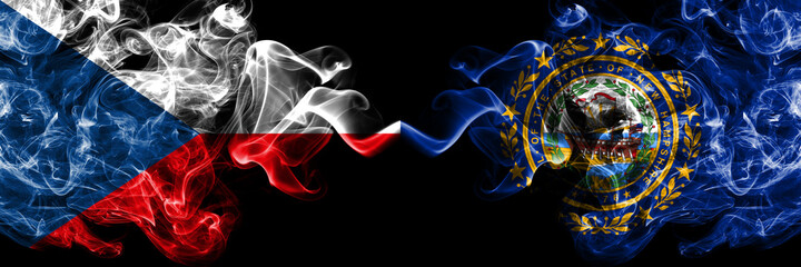Czech Republic, Czech vs United States of America, America, US, USA, American, New Hampshire  smoky mystic flags placed side by side. Thick colored silky abstract smoke flags.