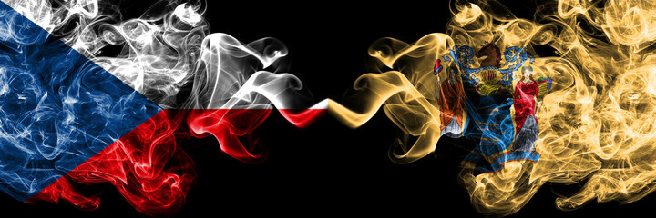 Czech Republic, Czech vs United States of America, America, US, USA, American, New Jersey smoky mystic flags placed side by side. Thick colored silky abstract smoke flags.