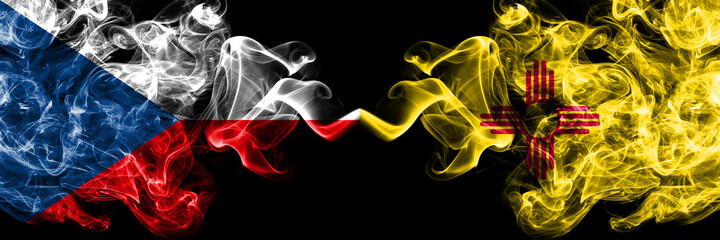 Czech Republic, Czech vs United States of America, America, US, USA, American, New Mexico smoky mystic flags placed side by side. Thick colored silky abstract smoke flags.
