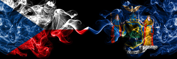 Czech Republic, Czech vs United States of America, America, US, USA, American, New York  smoky mystic flags placed side by side. Thick colored silky abstract smoke flags.