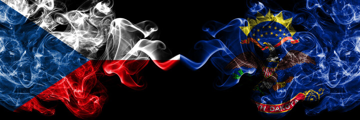 Czech Republic, Czech vs United States of America, America, US, USA, American, North Dakota smoky mystic flags placed side by side. Thick colored silky abstract smoke flags.