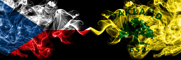 Czech Republic, Czech vs United States of America, America, US, USA, American, Oakland, California smoky mystic flags placed side by side. Thick colored silky abstract smoke flags.
