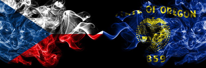 Czech Republic, Czech vs United States of America, America, US, USA, American, Oregon smoky mystic flags placed side by side. Thick colored silky abstract smoke flags.