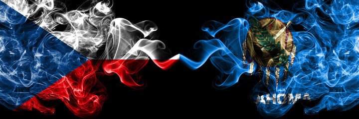 Czech Republic, Czech vs United States of America, America, US, USA, American, Oklahoma smoky mystic flags placed side by side. Thick colored silky abstract smoke flags.