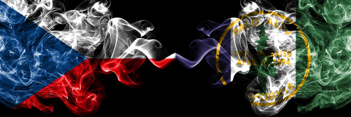 Czech Republic, Czech vs United States of America, America, US, USA, American, Palo Alto, California smoky mystic flags placed side by side. Thick colored silky abstract smoke flags.