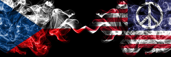 Czech Republic, Czech vs United States of America, America, US, USA, American, Peace smoky mystic flags placed side by side. Thick colored silky abstract smoke flags.