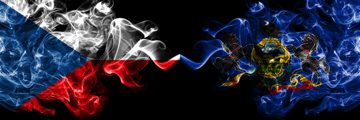 Czech Republic, Czech vs United States of America, America, US, USA, American, Pennsylvania smoky mystic flags placed side by side. Thick colored silky abstract smoke flags.