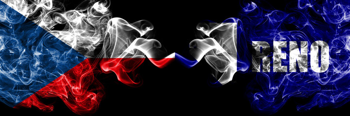 Czech Republic, Czech vs United States of America, America, US, USA, American, Reno, Nevada smoky mystic flags placed side by side. Thick colored silky abstract smoke flags.