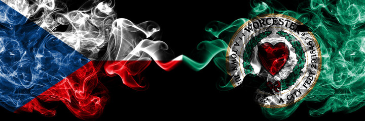 Czech Republic, Czech vs United States of America, America, US, USA, American, Worcester, Massachusetts smoky mystic flags placed side by side. Thick colored silky abstract smoke flags.