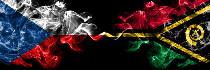 Czech Republic, Czech vs Vanuatu smoky mystic flags placed side by side. Thick colored silky abstract smoke flags.