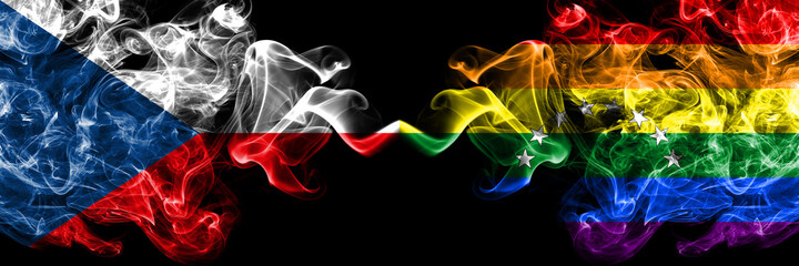 Czech Republic, Czech vs Venezuela, gay smoky mystic flags placed side by side. Thick colored silky abstract smoke flags.