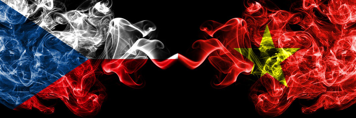 Czech Republic, Czech vs Vietnam smoky mystic flags placed side by side. Thick colored silky abstract smoke flags.