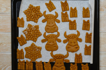 preparation of holiday cookies for christmas, uncooked cookies in the form of a new year's 2021 symbol cow or bull from raw dough
