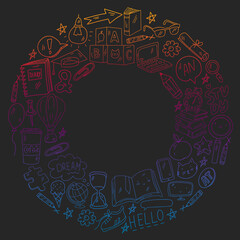 Concept of learning English. Online language courses. E-learning. Pattern with vector icons.